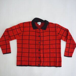 Vintage Willow Ridge Red Black Grid Check Collared Button Front Knit Cardigan XL
